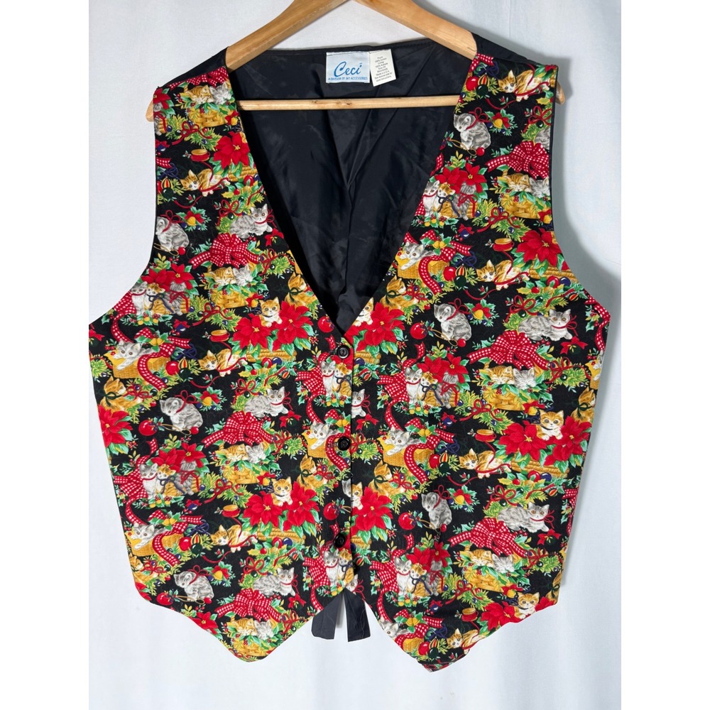 Ceci Vintage Christmas Kitten Poinsettia‎ Vest Womens 2X Black Red Holiday Cat